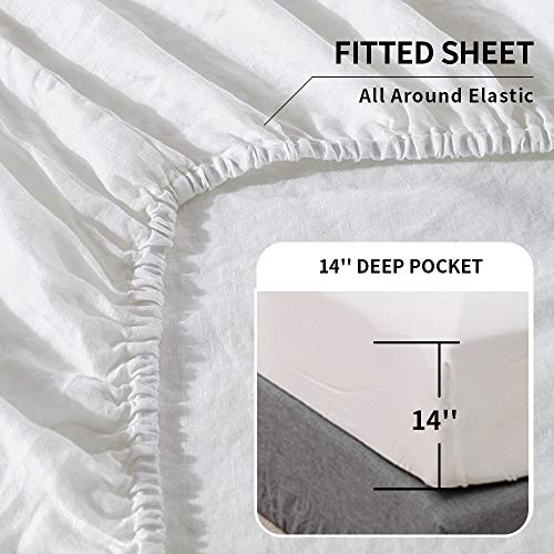 Simple&Opulence Belgian Linen Sheet Set Solid Color - 4 Pieces (1 Flat Sheet, 1 Fitted Sheet & 2 Pillowcases) Natural Flax Cotton Blend Soft Breathable Farmhouse Bedding - Queen Size, White - Image 3