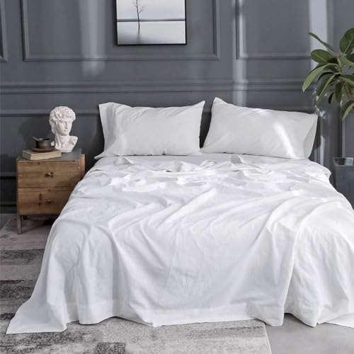 Simple&Opulence Belgian Linen Sheet Set Solid Color - 4 Pieces (1 Flat Sheet, 1 Fitted Sheet & 2 Pillowcases) Natural Flax Cotton Blend Soft Breathable Farmhouse Bedding - Queen Size, White - Image 1