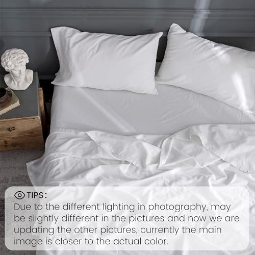 Simple&Opulence Belgian Linen Sheet Set Solid Color - 4 Pieces (1 Flat Sheet, 1 Fitted Sheet & 2 Pillowcases) Natural Flax Cotton Blend Soft Breathable Farmhouse Bedding - Queen Size, White - Image 5