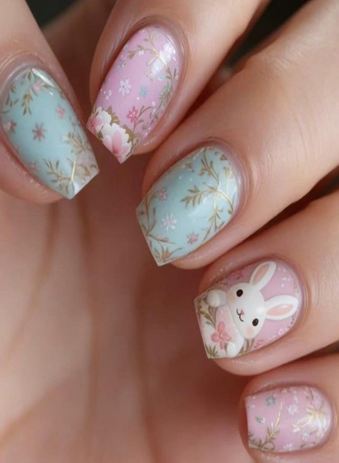 GRITOSE Easter Press on Nail Medium Length Square Fake Nails Pink Green Stick on Nail with Floral designs 3D Bunny Cute Glue on Nails Full Cover Acrylic False Nails for Women Party Manicure Decor24pcs - Image 1