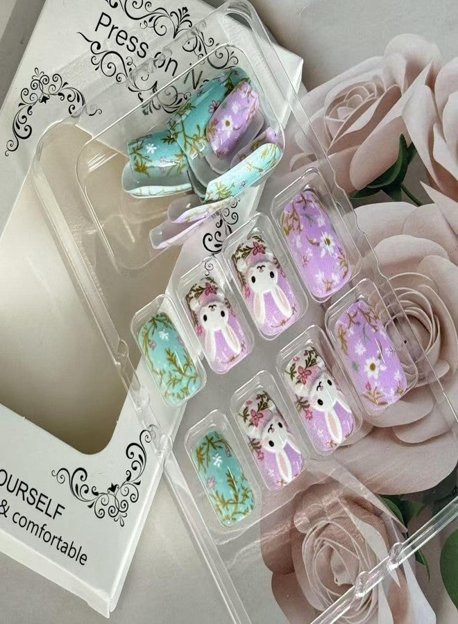 GRITOSE Easter Press on Nail Medium Length Square Fake Nails Pink Green Stick on Nail with Floral designs 3D Bunny Cute Glue on Nails Full Cover Acrylic False Nails for Women Party Manicure Decor24pcs - Image 3