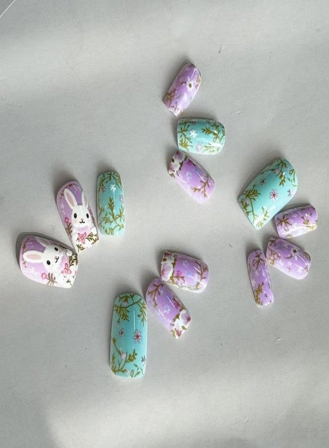 GRITOSE Easter Press on Nail Medium Length Square Fake Nails Pink Green Stick on Nail with Floral designs 3D Bunny Cute Glue on Nails Full Cover Acrylic False Nails for Women Party Manicure Decor24pcs - Image 5
