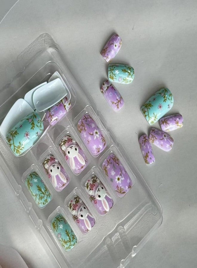 GRITOSE Easter Press on Nail Medium Length Square Fake Nails Pink Green Stick on Nail with Floral designs 3D Bunny Cute Glue on Nails Full Cover Acrylic False Nails for Women Party Manicure Decor24pcs - Image 4