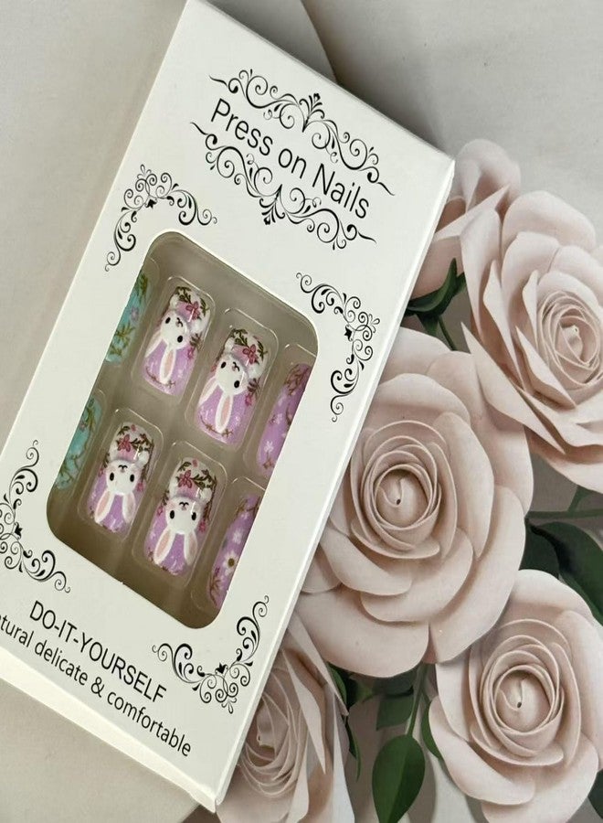 GRITOSE Easter Press on Nail Medium Length Square Fake Nails Pink Green Stick on Nail with Floral designs 3D Bunny Cute Glue on Nails Full Cover Acrylic False Nails for Women Party Manicure Decor24pcs - Image 2