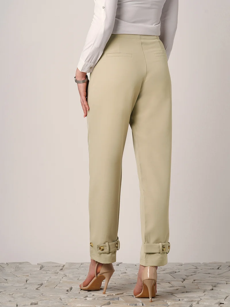 globus Women Light Beige Mid Rise Straight Fit Adjustable Button Hem Korean Pants