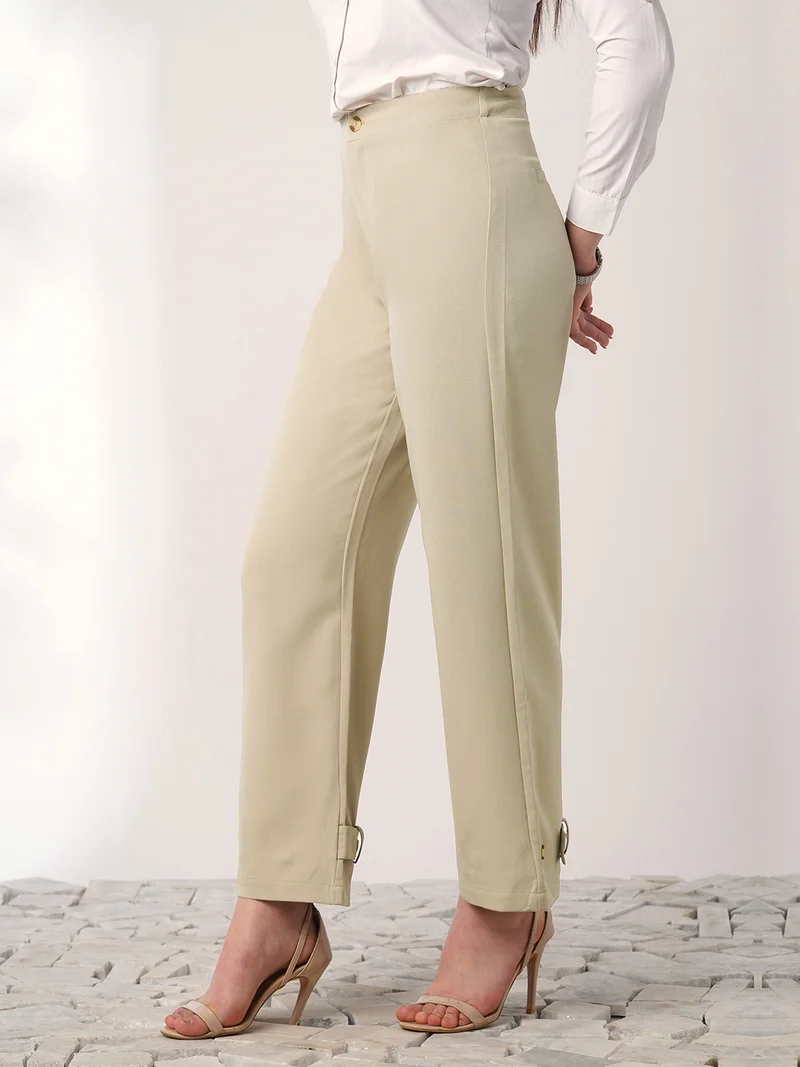globus Women Light Beige Mid Rise Straight Fit Adjustable Button Hem Korean Pants