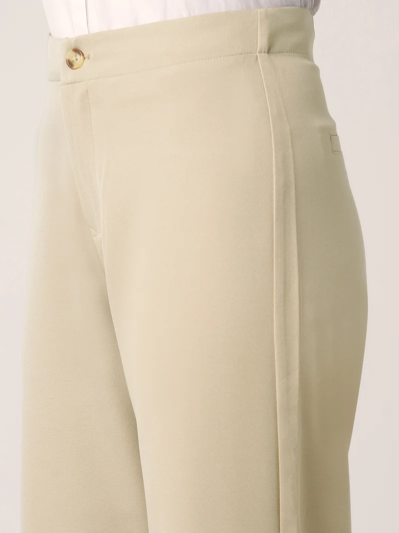 globus Women Light Beige Mid Rise Straight Fit Adjustable Button Hem Korean Pants