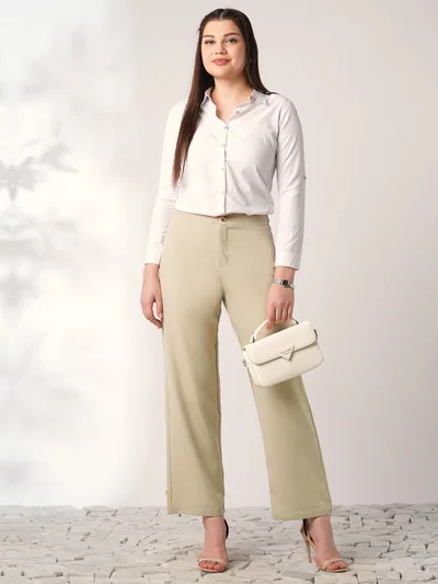 globus Women Light Beige Mid Rise Straight Fit Adjustable Button Hem Korean Pants