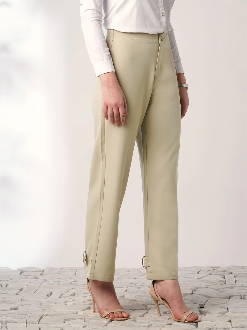 globus Women Light Beige Mid Rise Straight Fit Adjustable Button Hem Korean Pants