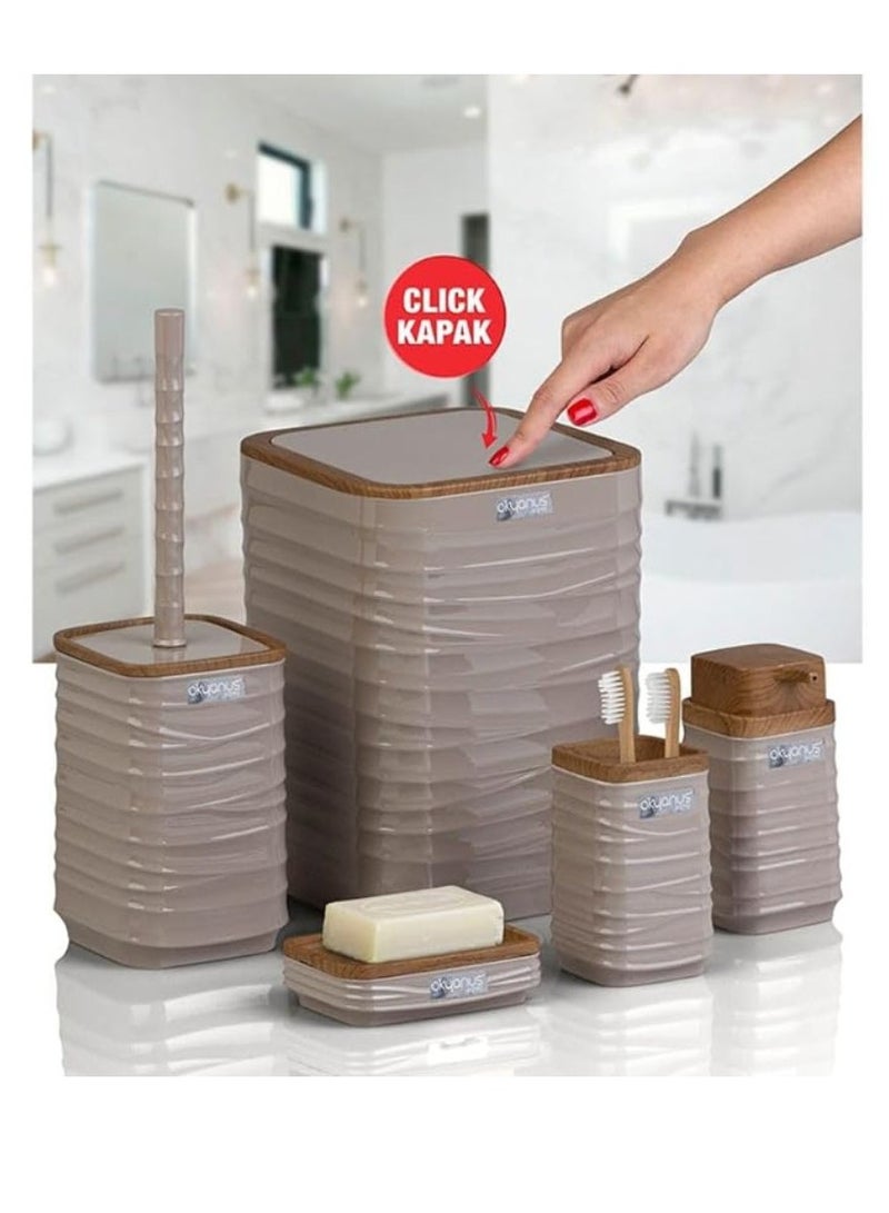 Luna Square 5 Piece Bathroom Set Soap Dish Soap Dispenser Trash Can Toilet Brush And Holder Toothbrush Holder Wooden Lid -Beige - Image 2