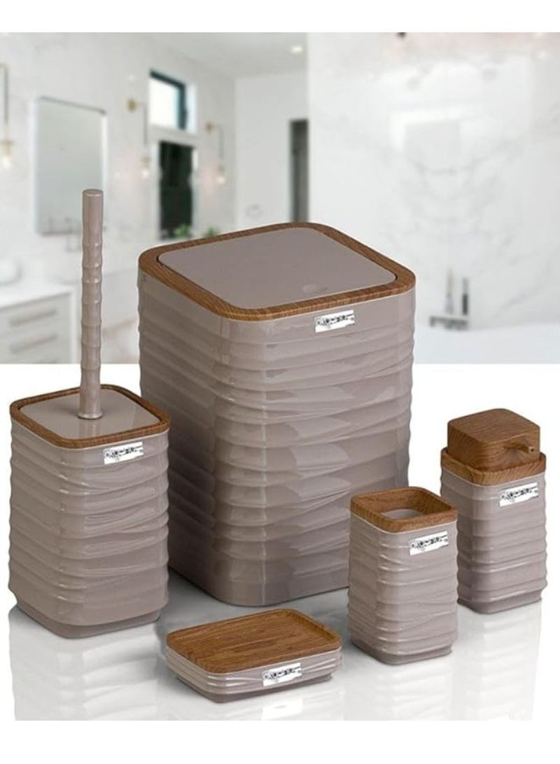 Luna Square 5 Piece Bathroom Set Soap Dish Soap Dispenser Trash Can Toilet Brush And Holder Toothbrush Holder Wooden Lid -Beige - Image 1