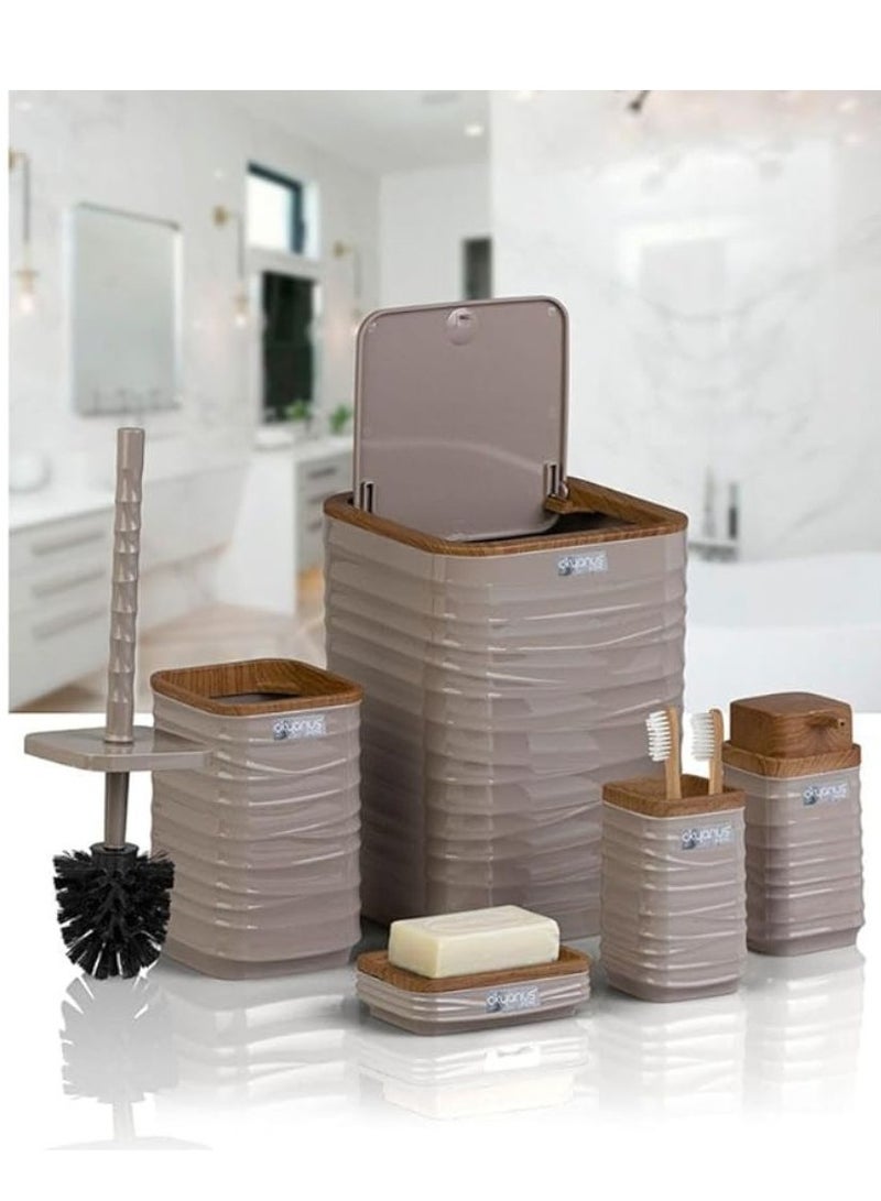 Luna Square 5 Piece Bathroom Set Soap Dish Soap Dispenser Trash Can Toilet Brush And Holder Toothbrush Holder Wooden Lid -Beige - Image 3