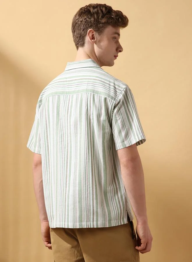 Dennis Lingo Men's Green 100% Cotton Striped Button Down Relaxed Shirt