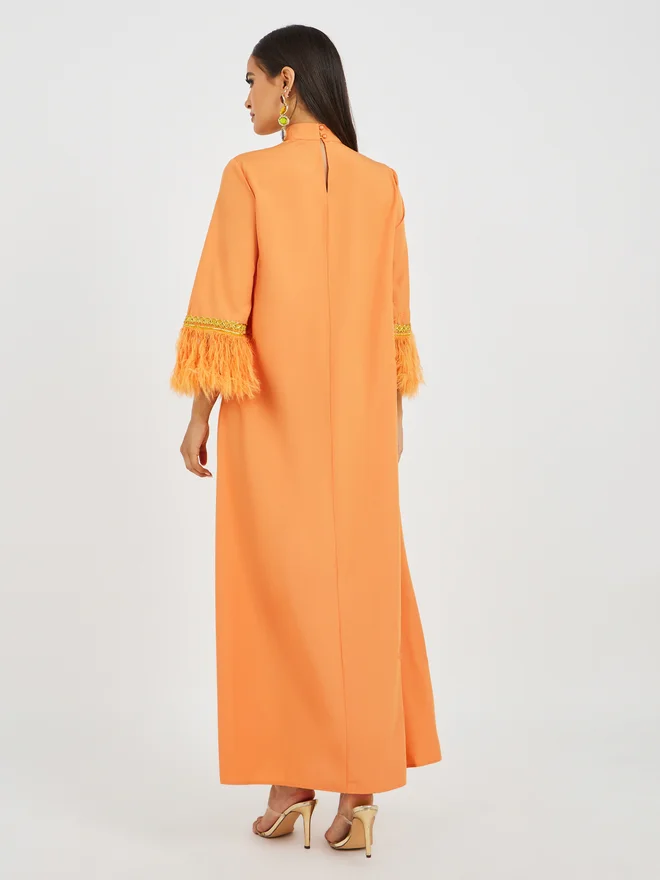 Styli Amirah Faux Feather Trim Jalabiya with Lace Detail