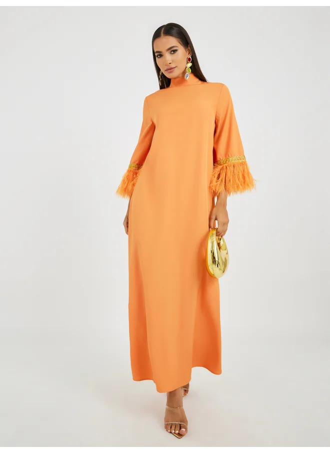 أميرة Amirah Faux Feather Trim Jalabiya with Lace Detail