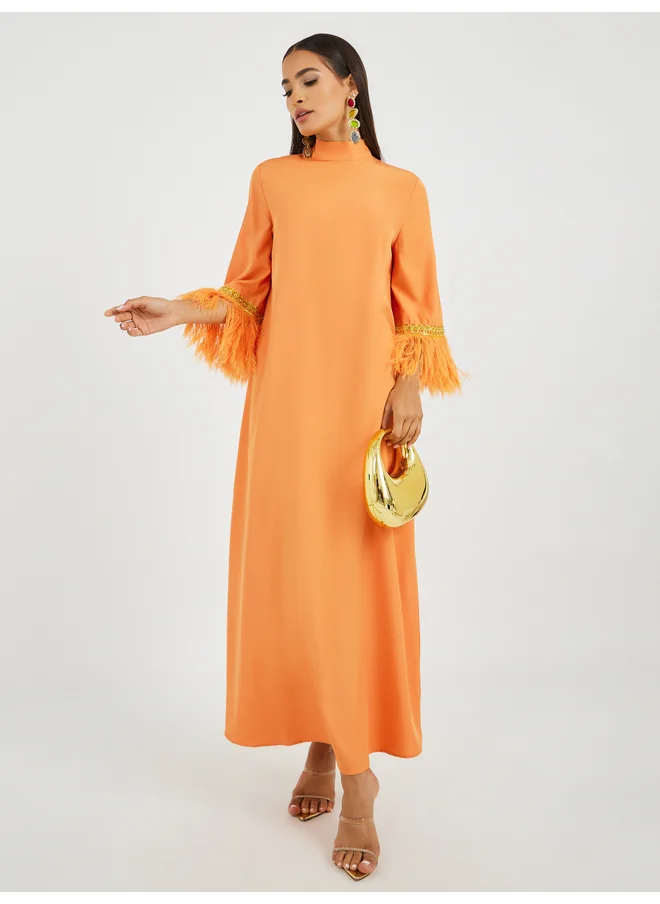 أميرة Amirah Faux Feather Trim Jalabiya with Lace Detail