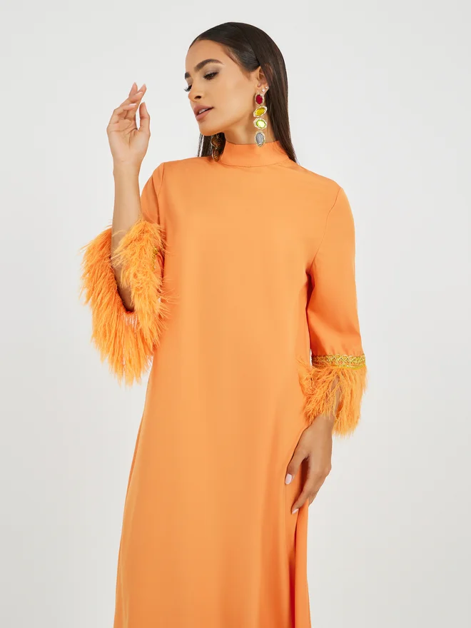 Styli Amirah Faux Feather Trim Jalabiya with Lace Detail