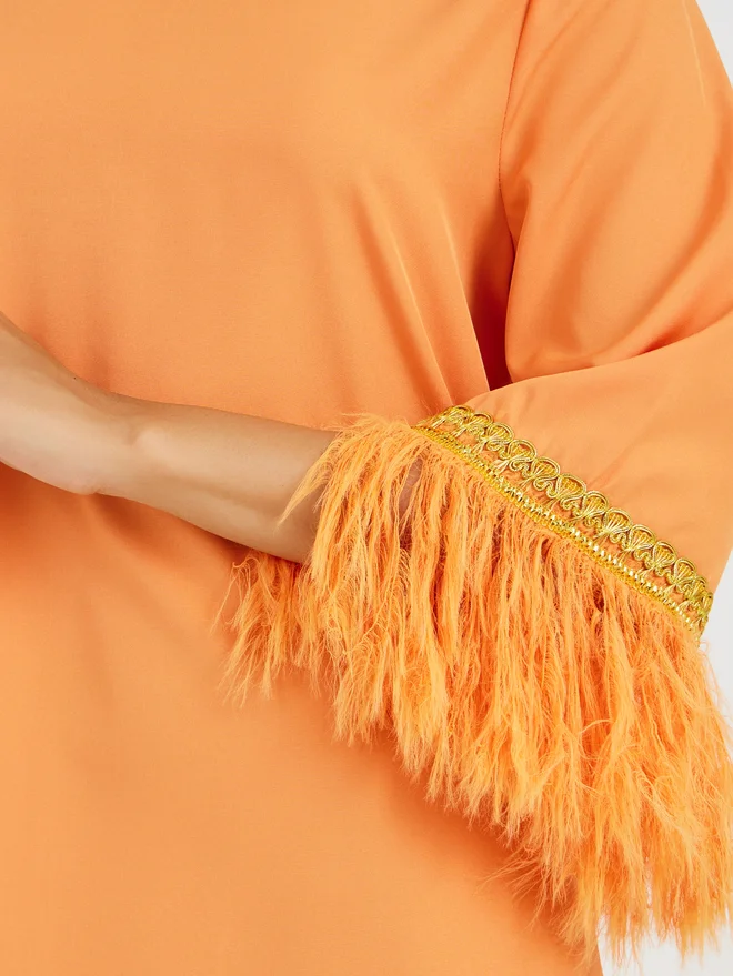 Styli Amirah Faux Feather Trim Jalabiya with Lace Detail