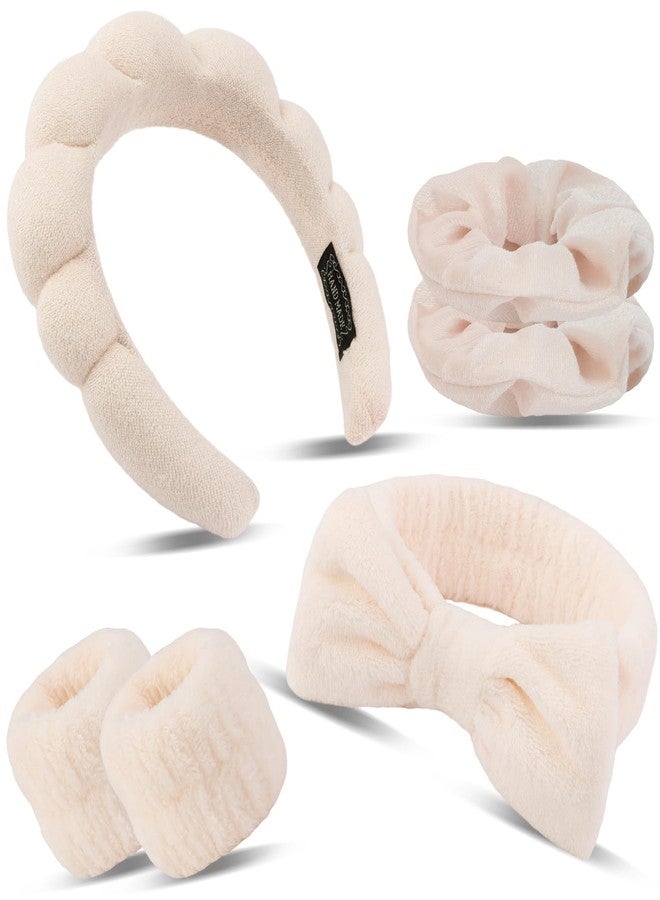 SuPoo 6pcs Khaki Spa Headband Set - Sponge Face and Makeup Headbands, Wristbands, Terry Cloth Hair Ties - Cute Puffy Skincare Gifts for Teens - Image 1