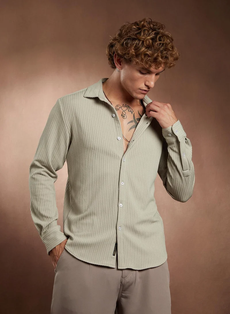 Campus Sutra Campus Sutra Men's Ecru Beige Rope-Striped Tactile Shirt For Casual Wear | Spread Collar | Long Cuffed Sleeves | Button Closure | Shirt Crafted With Comfort Fit For Everyday Wear