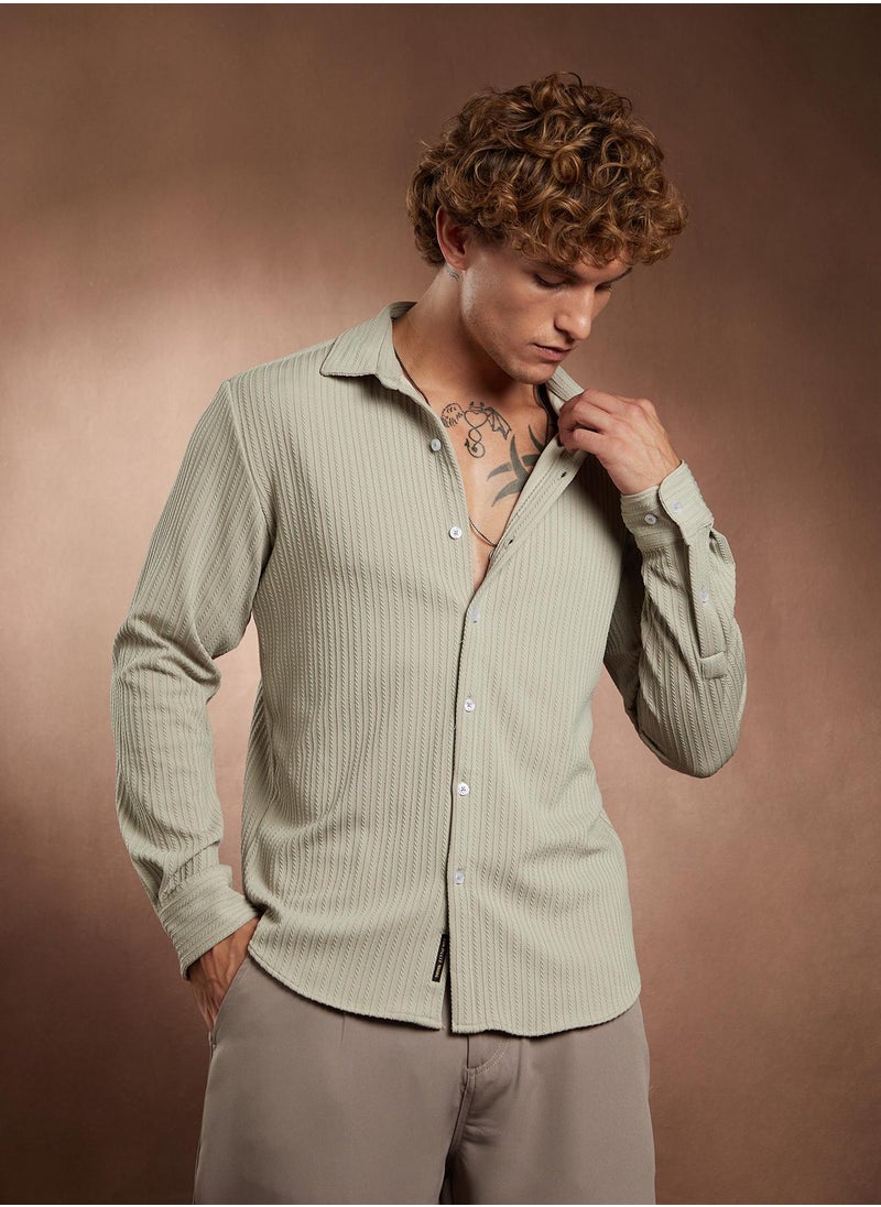 Campus Sutra Campus Sutra Men's Ecru Beige Rope-Striped Tactile Shirt For Casual Wear | Spread Collar | Long Cuffed Sleeves | Button Closure | Shirt Crafted With Comfort Fit For Everyday Wear  - Image 2
