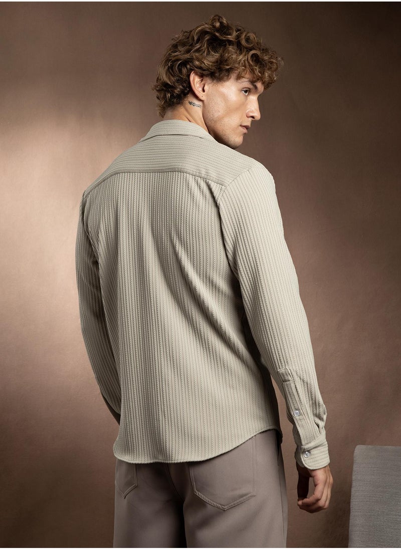 Campus Sutra Campus Sutra Men's Ecru Beige Rope-Striped Tactile Shirt For Casual Wear | Spread Collar | Long Cuffed Sleeves | Button Closure | Shirt Crafted With Comfort Fit For Everyday Wear  - Image 5