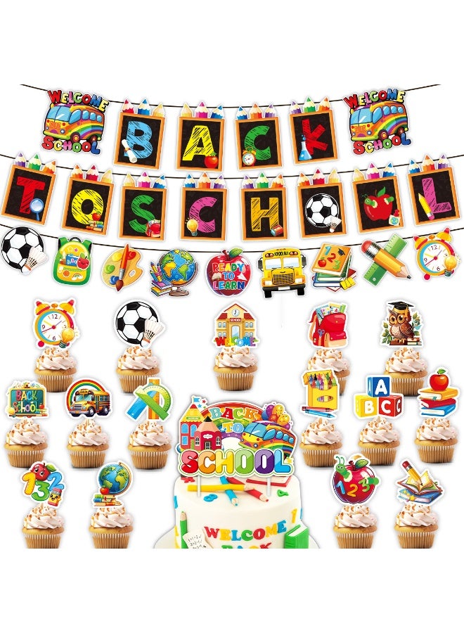 Daytoyz Back to School Party Decorations Kit - 40+ Piece Set with "Welcome Back" Banner, Themed Balloons, Cake & Cupcake Toppers, Apple Bus Figurines, Letters & Accessories - Image 1