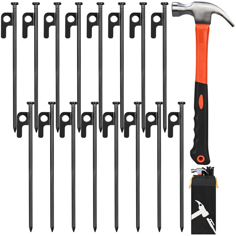 LFSEMINI Tent Stakes And Hammer Set, 16 Pack 8In Heavy Duty Forged Steel Tent Stakes + 11In Camping Hammer + Storage Pouch, Available In Rocky Place - Image 1