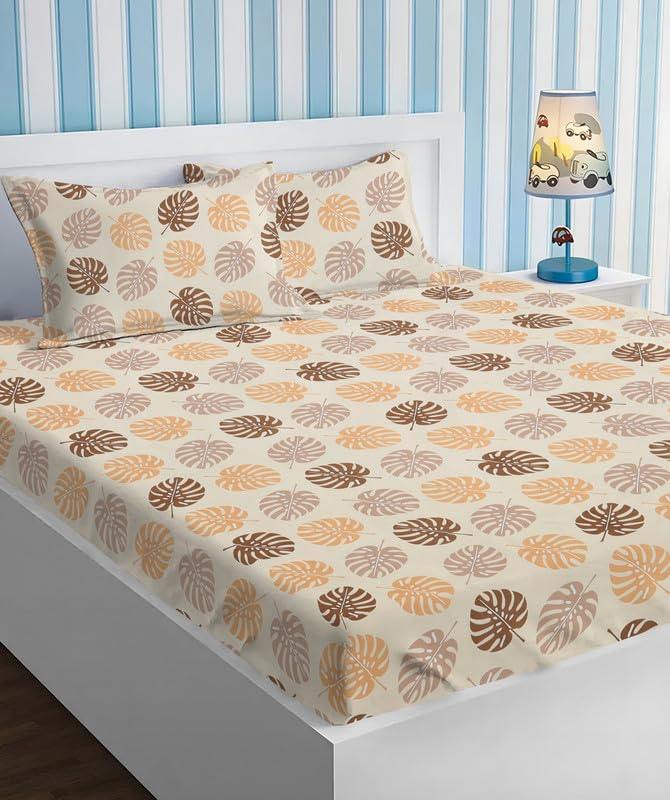 BSB HOME Valancia Collections Cotton 220tc Flat Double Bed Bedsheets for Summer Breathable | Wrinklefree (Size-220 x 230 Cm) with 2 Pillow Covers (Size-17 X 27 Inches, Beige & Brown) - Image 1