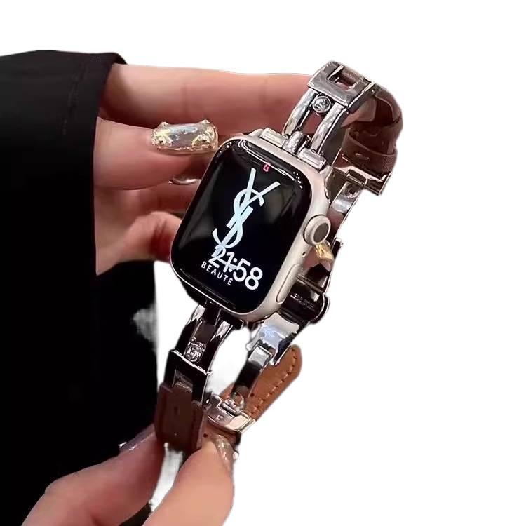 سوار ساعة ذكية سوار جلدي كلاسيكي متوافق باللون ذهبي قابل للتعديل مع Apple Watch 38/40/41/42/44/45/49mm بملاءمة قابلة للتعديل وحزام بديل - Image 1