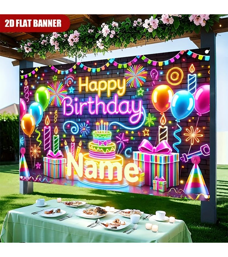 2D Flat Personalized Name Happy Birthday Fluorescent Gift Box Firework Luminous Letters Modern Theme Backdrop Cloth 110x180cm 43.3x70.8inch Multi Functional Party Decoration Home Decor Various Large S