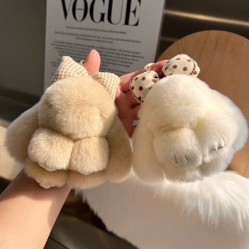 Soft Fluffy Rabbit Keychain Cute Plush Bunny Key Rings Plush Bunny Key Rings Faux Fur Keyring Pompom Keychain Decoration (beige)  - Image 2