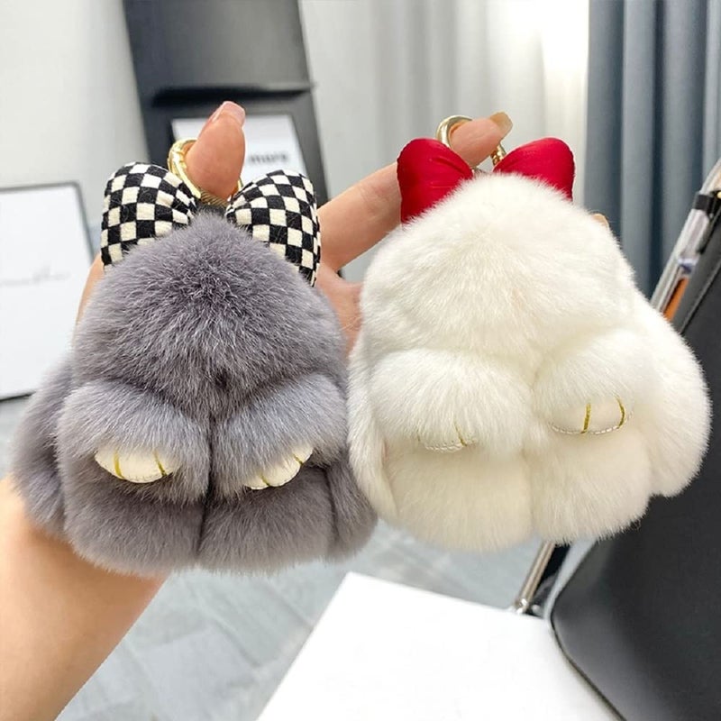 Soft Fluffy Rabbit Keychain Cute Plush Bunny Key Rings Plush Bunny Key Rings Faux Fur Keyring Pompom Keychain Decoration (beige)  - Image 4