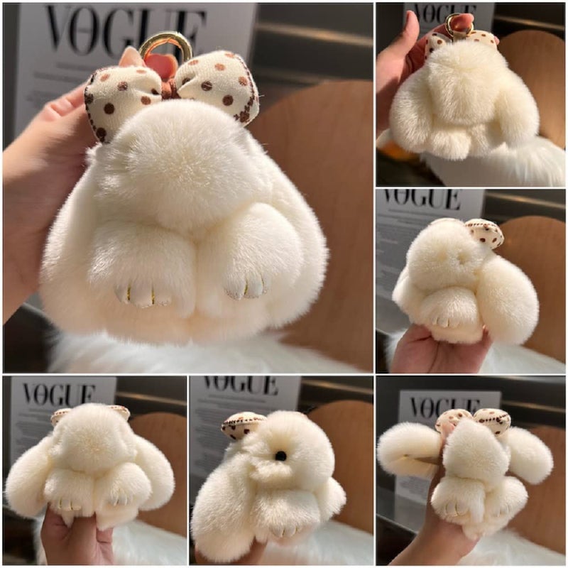 Soft Fluffy Rabbit Keychain Cute Plush Bunny Key Rings Plush Bunny Key Rings Faux Fur Keyring Pompom Keychain Decoration (beige)  - Image 3