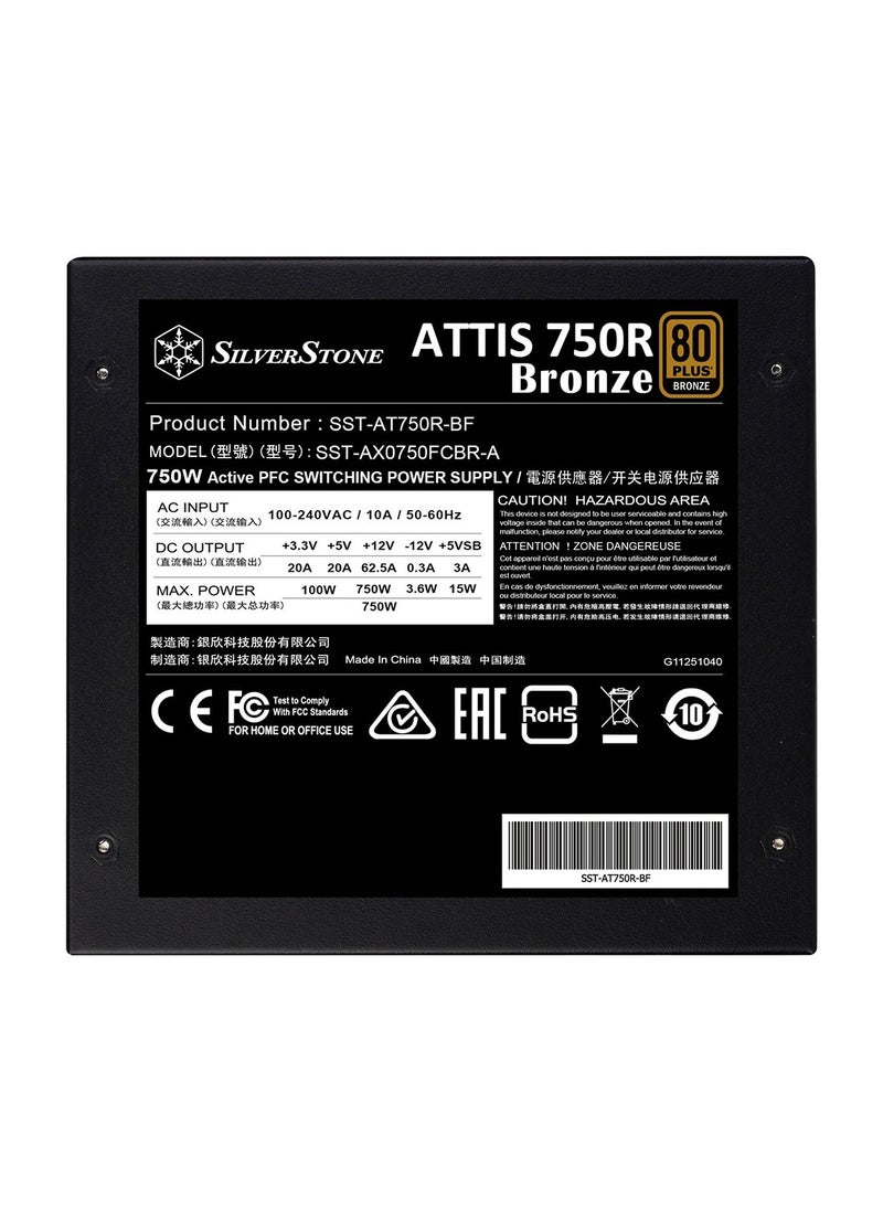 SilverStone - ATTIS 750R Non-Modular Power Supply, 750W Power, 80 Plus Bronze, Silent 120mm Fan, Active PFC, Multi-Protection, ATX Form Factor, Japanese Primary Capacitor, Black | SST-AT750R-BF - Image 1
