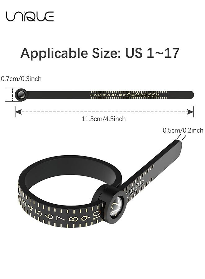 Unique 2Pcs Ring Sizer Measuring Tool，Ring Sizer Measuring Tool with Magnifying Glass,Reusable Finger Size Tape with Magnified Glass, Clear and Accurate Jewelry Sizing Tool 1-17 USA Rings(Black/White) - Image 2