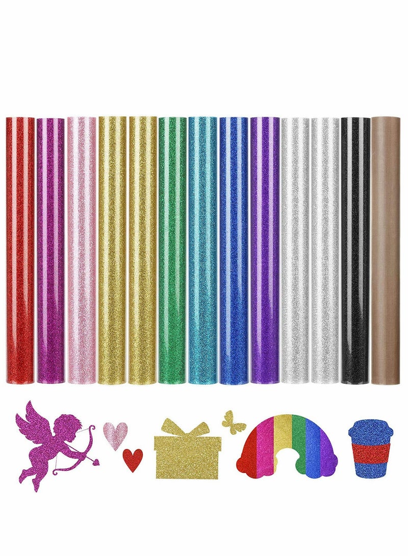 Zikra 12 Pcs Glitter HTV Heat Transfer Vinyl Iron on Vinyl, 10 Assorted Colors Heat Press Vinyl for T-Shirts Works, Easy to Cut, 12in x 10in - Image 1