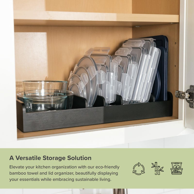 KitchenEdge Bamboo Kitchen Towel and Food-Storage Organizer, Perfect for Kitchen Drawers, Cabinets, Pantry, 5 Adjustable Wall Inserts, Non-Slip Feet, Food-Safe Black Finish - Image 5