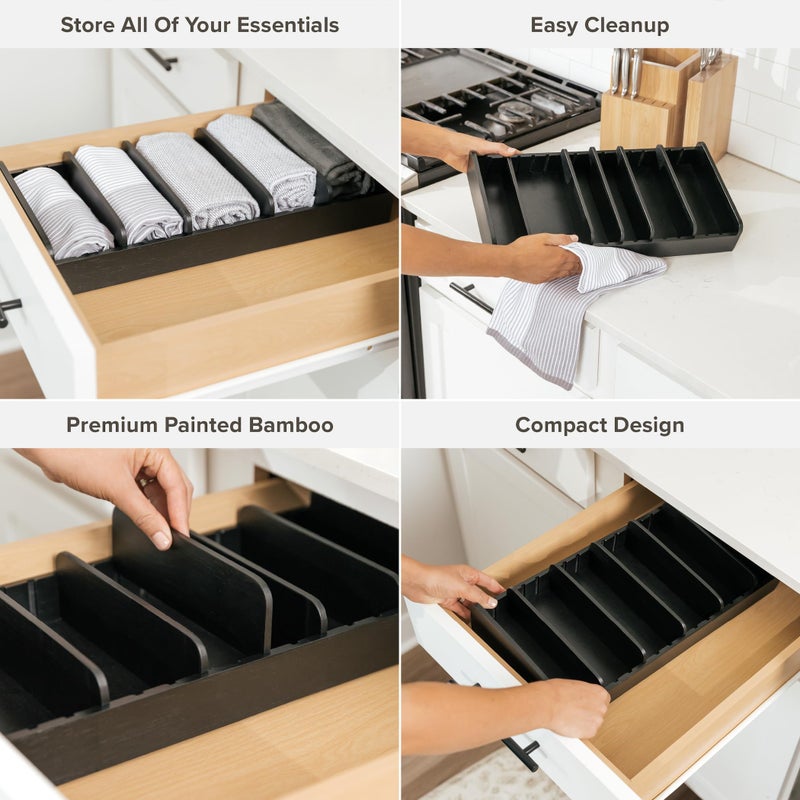 KitchenEdge Bamboo Kitchen Towel and Food-Storage Organizer, Perfect for Kitchen Drawers, Cabinets, Pantry, 5 Adjustable Wall Inserts, Non-Slip Feet, Food-Safe Black Finish - Image 3