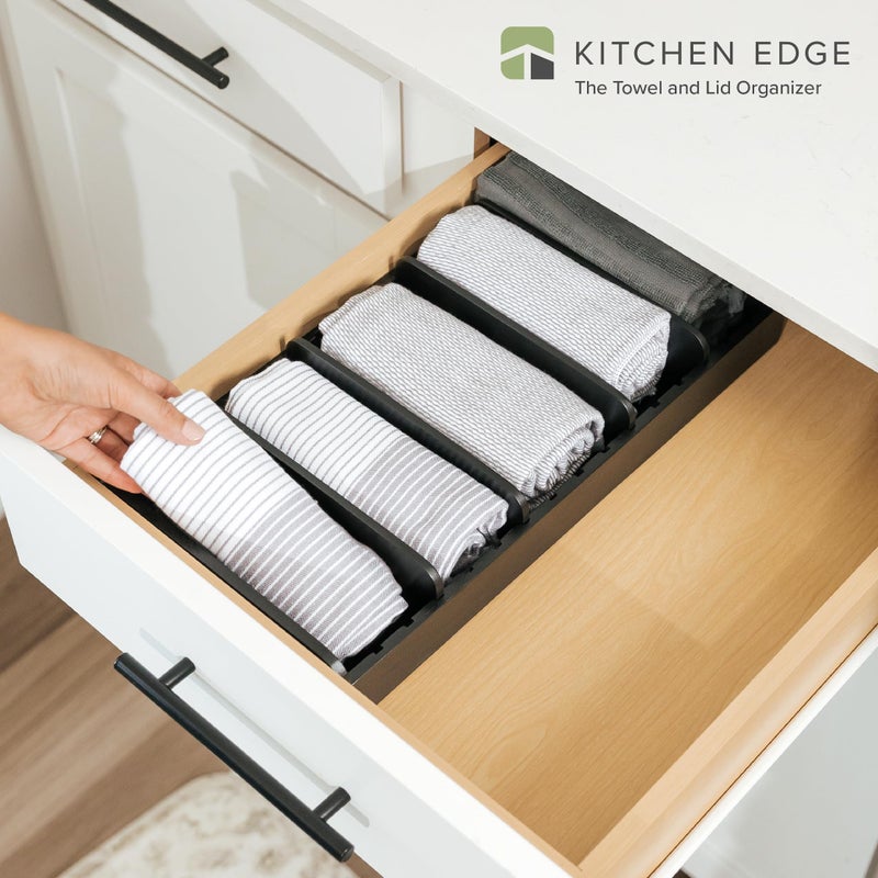 KitchenEdge Bamboo Kitchen Towel and Food-Storage Organizer, Perfect for Kitchen Drawers, Cabinets, Pantry, 5 Adjustable Wall Inserts, Non-Slip Feet, Food-Safe Black Finish - Image 2