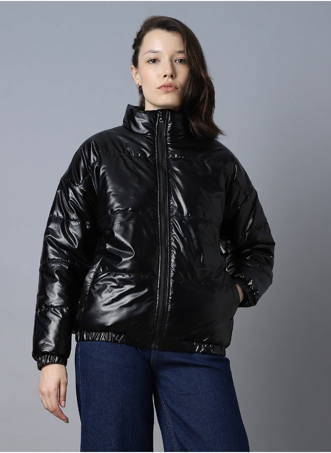 HIGH STAR Women's Black 100% Polyester Solid Pattern Regular Fit Jacket 