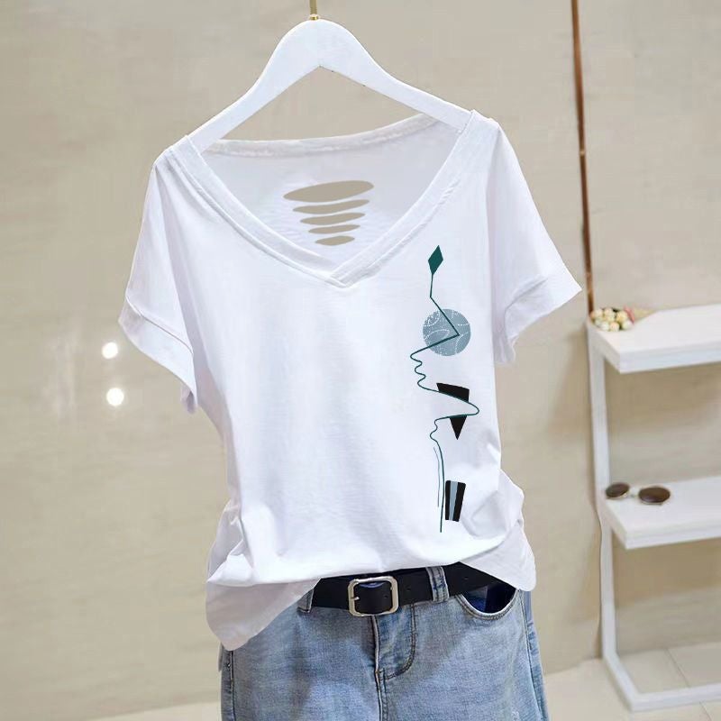 Pure Cotton V-Neck Short-Sleeved T-Shirt Women'S Summer Thin Korean Style Slim-Fit Printed Elegant Niche T-Shirt - Image 1
