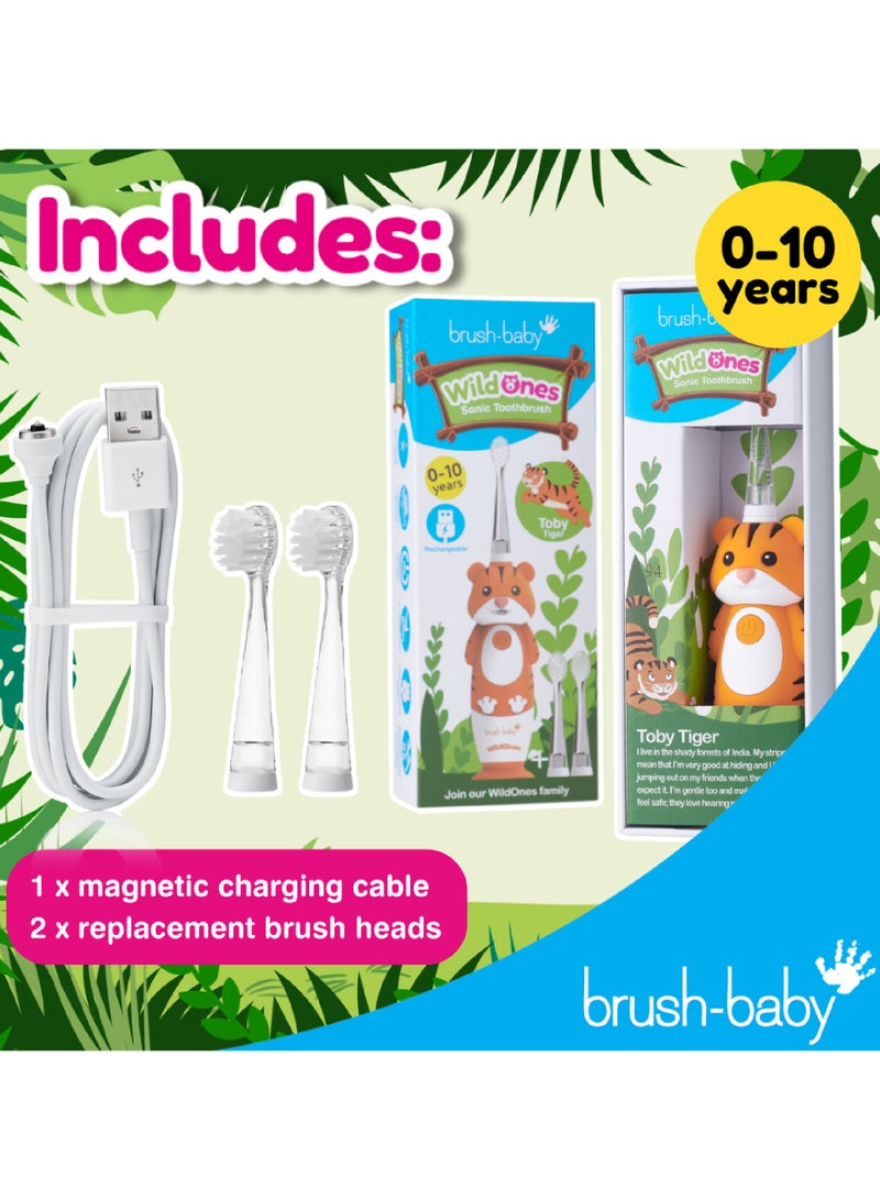 برش بيبي فرشاة أسنان كهربائية قابلة لإعادة الشحن للأطفال بتصميم نمر ممتع – شحن عبر USB، 3 رؤوس فرشاة، ضوء وامض، مناسبة للأعمار من 0 إلى 12 سنة – اللون البرتقالي - Image 2