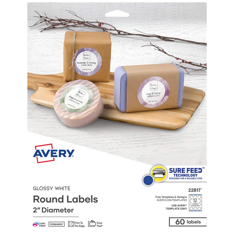 Avery Printable Round Labels with Sure Feed Technology, 2" Diameter, Glossy White, Laser & Inkjet Compatible, 60 Blank Labels Total, Great for Mailing, Branding, and More (22817) - Image 1