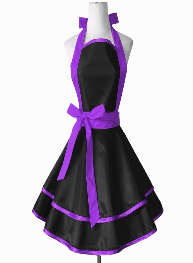 Violet Mist Cute Lovely Retro Aprons for Women Girls Lady Sexy Vintage Aprons Black Purple Vintage 50s Apron Halloween Christmas Apron Cooking Kitchen Ruffle Apron for Housewife Waitress Mother's Gift - Image 1