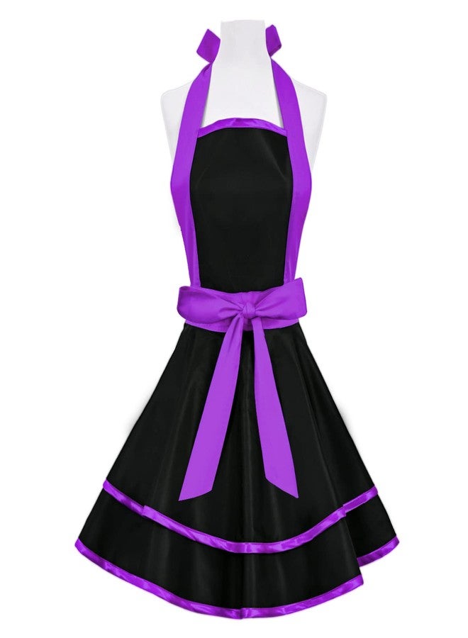 Violet Mist Cute Lovely Retro Aprons for Women Girls Lady Sexy Vintage Aprons Black Purple Vintage 50s Apron Halloween Christmas Apron Cooking Kitchen Ruffle Apron for Housewife Waitress Mother's Gift - Image 4