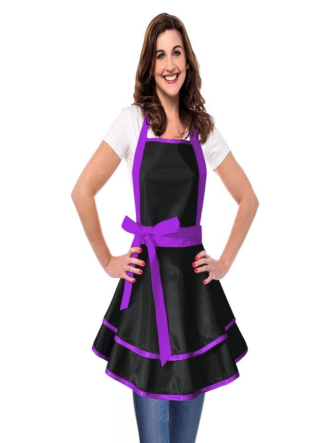 Violet Mist Cute Lovely Retro Aprons for Women Girls Lady Sexy Vintage Aprons Black Purple Vintage 50s Apron Halloween Christmas Apron Cooking Kitchen Ruffle Apron for Housewife Waitress Mother's Gift - Image 3