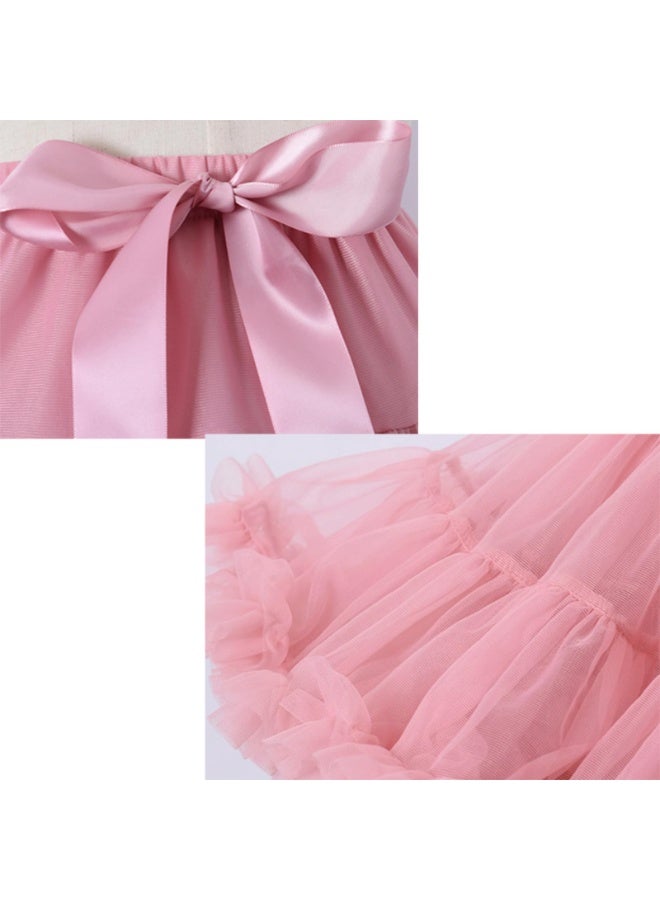 Girls Tulle Princess Tutu Skirt with Satin Bow, Multi-Layered Pettiskirt, Medium Pink, Size L (8-12 Years) - Image 2