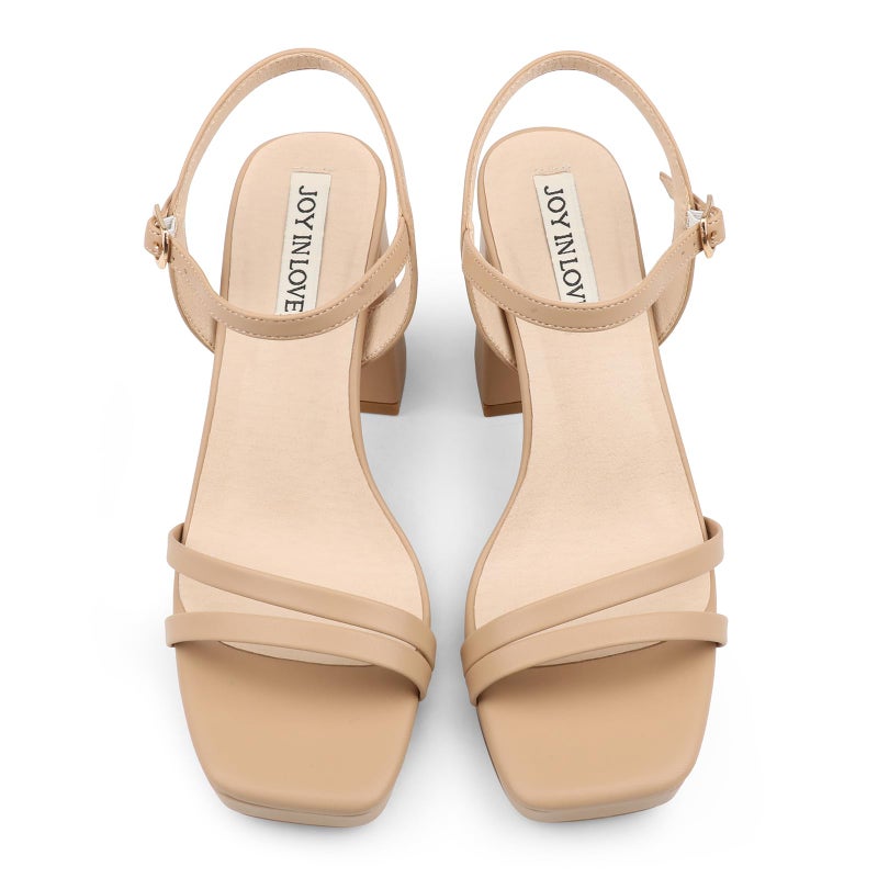 JOY IN LOVE Platform Heels for Women 3.5 Inch Chunky Block Heel Ankle Strap Sandals Nude Matte US7.5 - Image 5