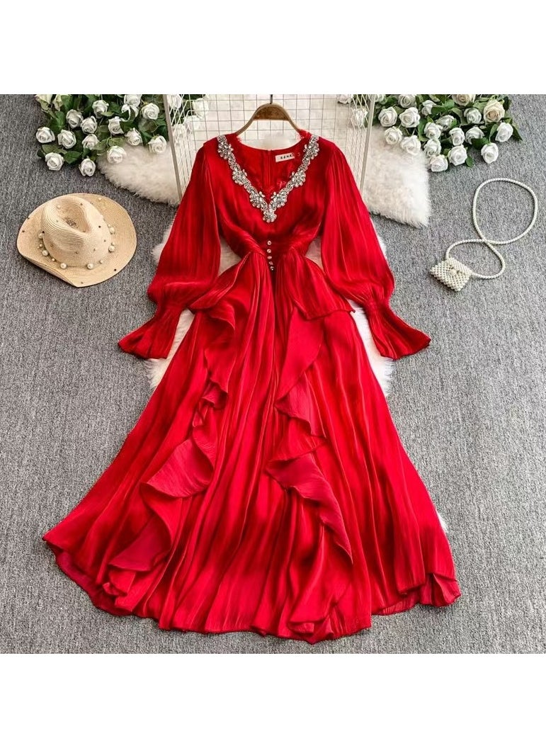 KUYING New Fashion Heavy Industry Embroidered Beads and Diamonds V-neck Waist Collection Style Palace Style Dress 